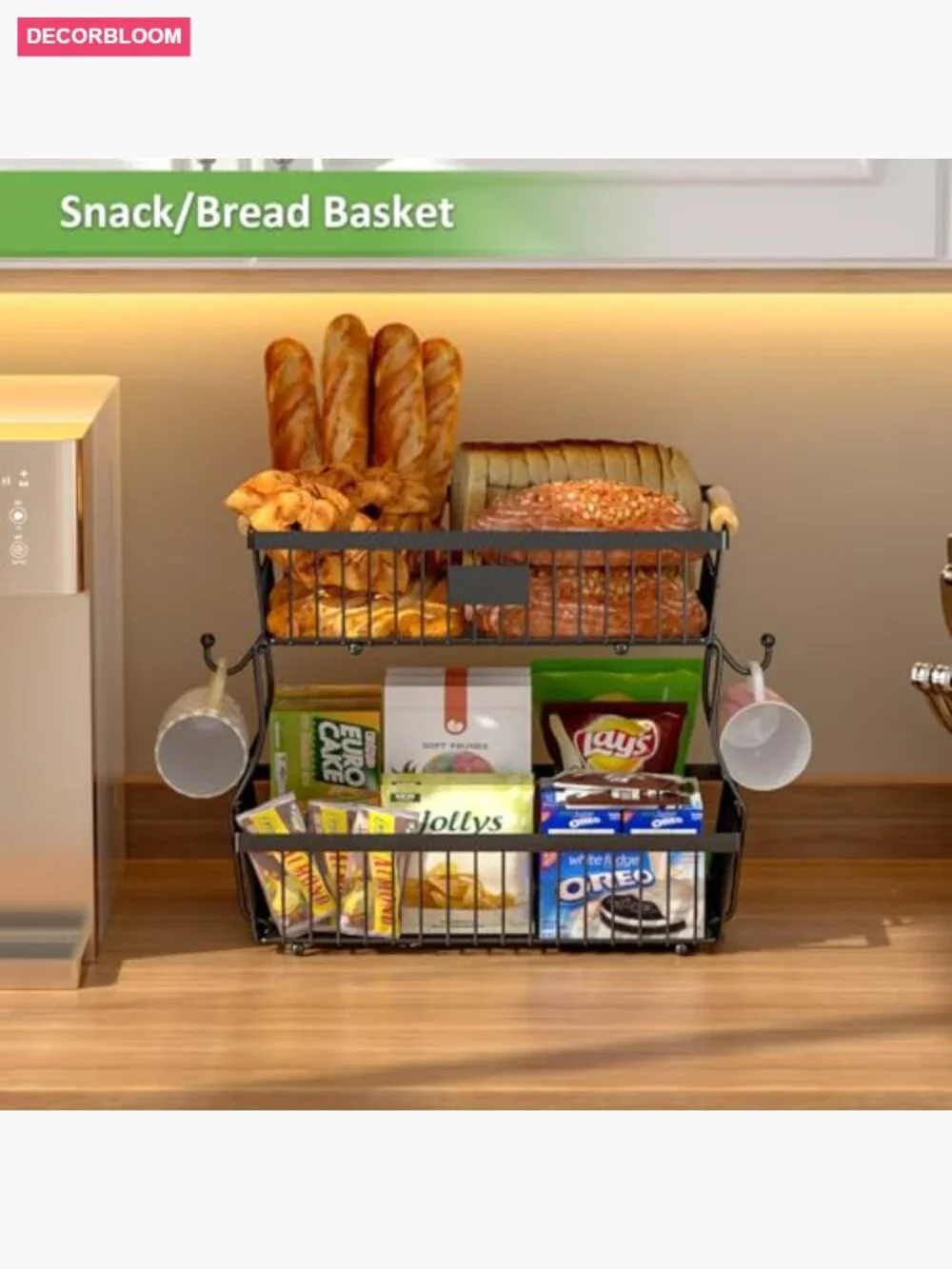 2 Tier Fruit Basket with Banana Hangers, Countertop Metal Storage Stand